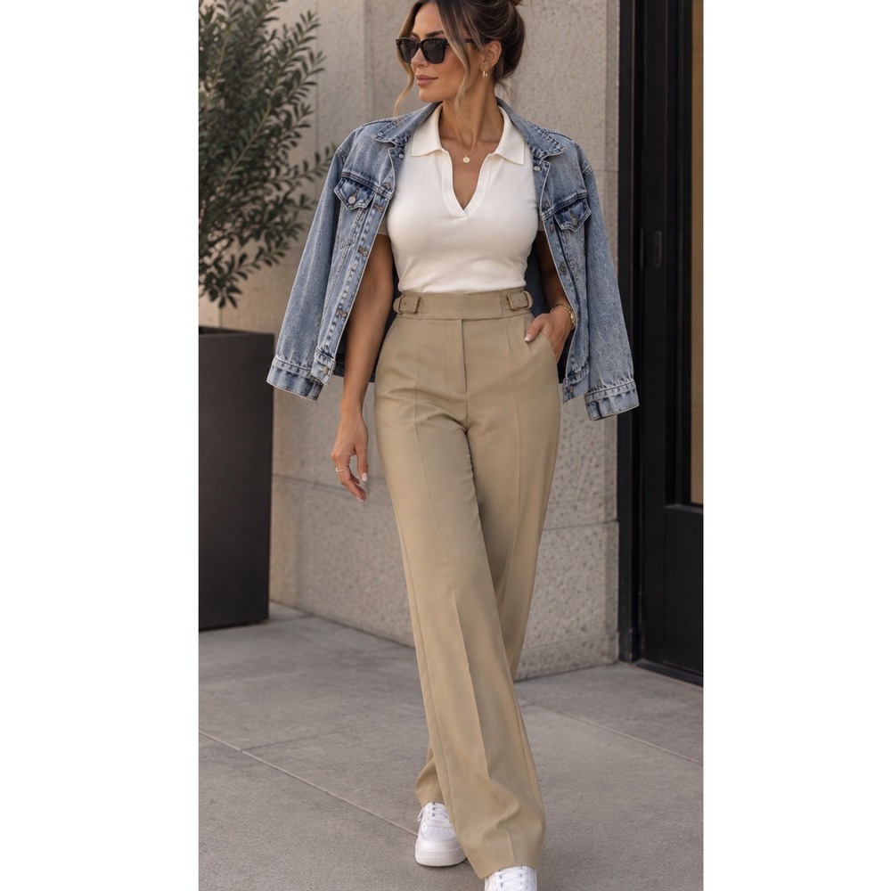 Wilfred Aritzia Tan High Waisted Buckle Waist Wide Leg Dress Pants Size 0
